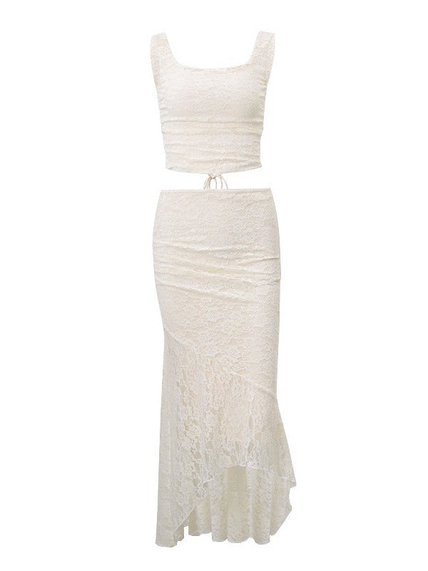 Graceful Tube Top Lace Up Lace Tophigh Waist Two-way Lace Fishtail Skirt - Bellarte Enchanté Graceful Tube Top Lace Up Lace Tophigh Waist Two-way Lace Fishtail Skirt